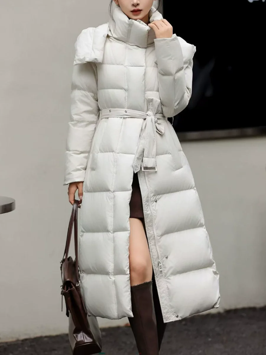 Donsjack met lange taille voor dames 2025, wintermode, verdikte witte eendendons, over de knie jas met capuchon, trendy