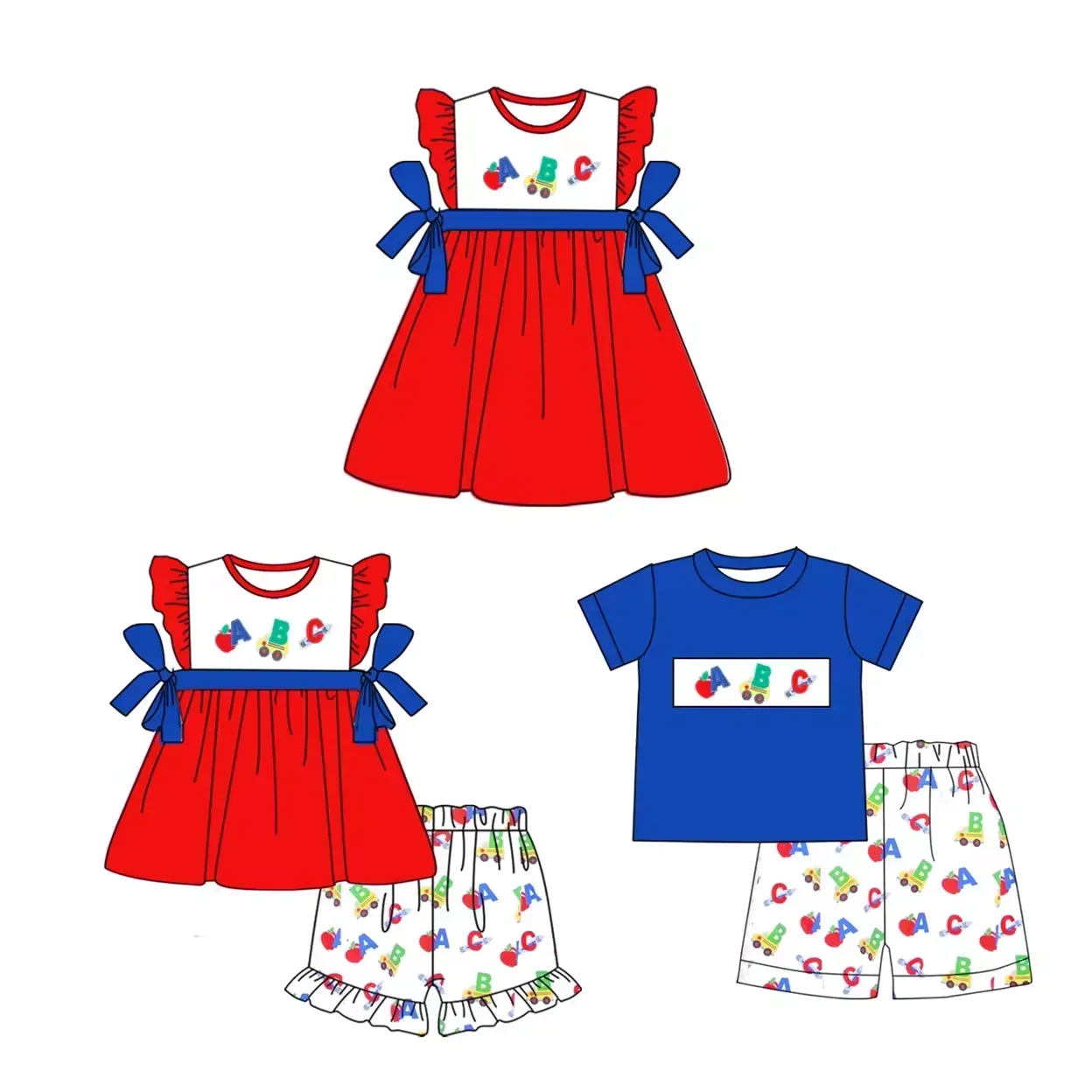 

Toddlers Back to School Clothing Letter ABC Element Print Girls Red Dress Boys Blue Short Sleeve Suit boutique summer clothes