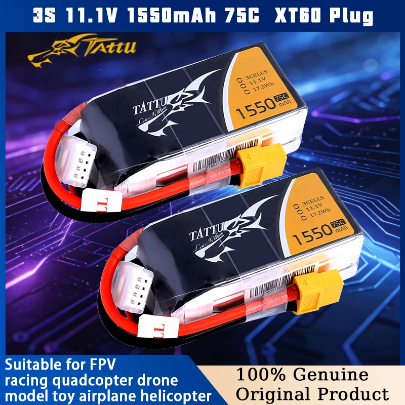 

TATTU 11.1V 3S 1550mAh 75C Original Lipo Battery For Helicopter Drone Quadcopter Drone FPV Racing Quadcopter Drone Battery