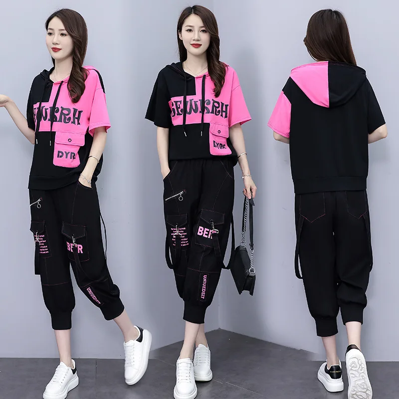 Fashion Casual Suit Female 2024 Summer New Print Hooded Short Sleeve Top Casual Haren Pants Fashion Trend Sports Suit