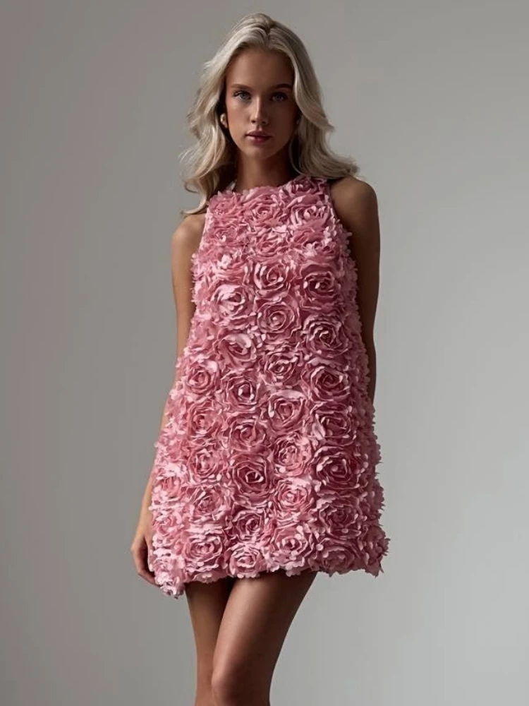 セクシーなノースリーブ O ネックローズ花柄ミニドレス女性ピンクの花甘いルーズドレスエレガントなイブニングパーティーカクテルドレス