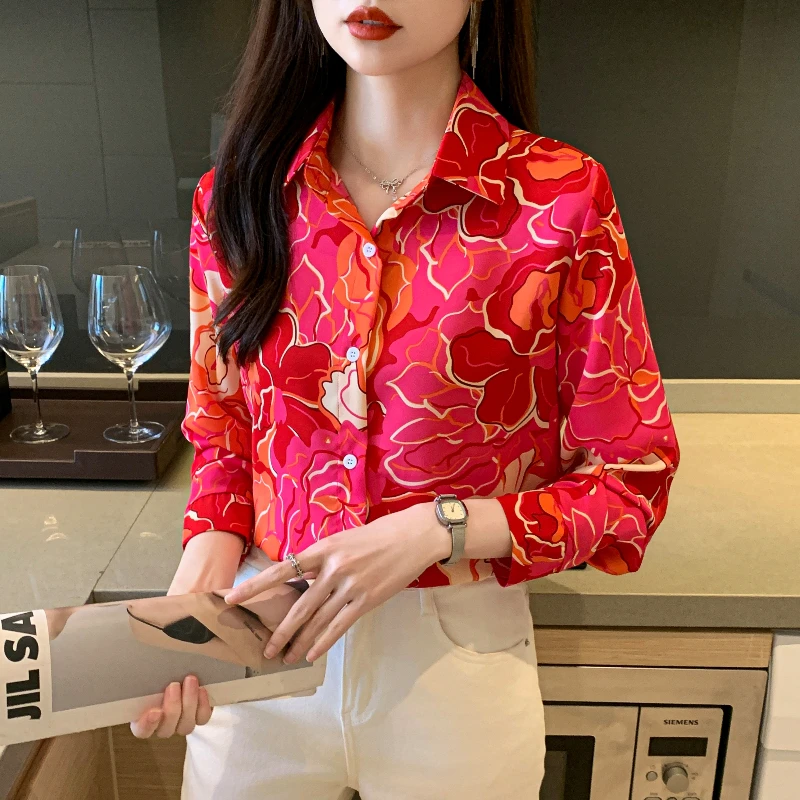 Women Spring Korean Loose Fashion Printing Chiffon Polo-Neck Long Sleeve Shirts Women Clothes Casual All-match Trend Sweet Tops