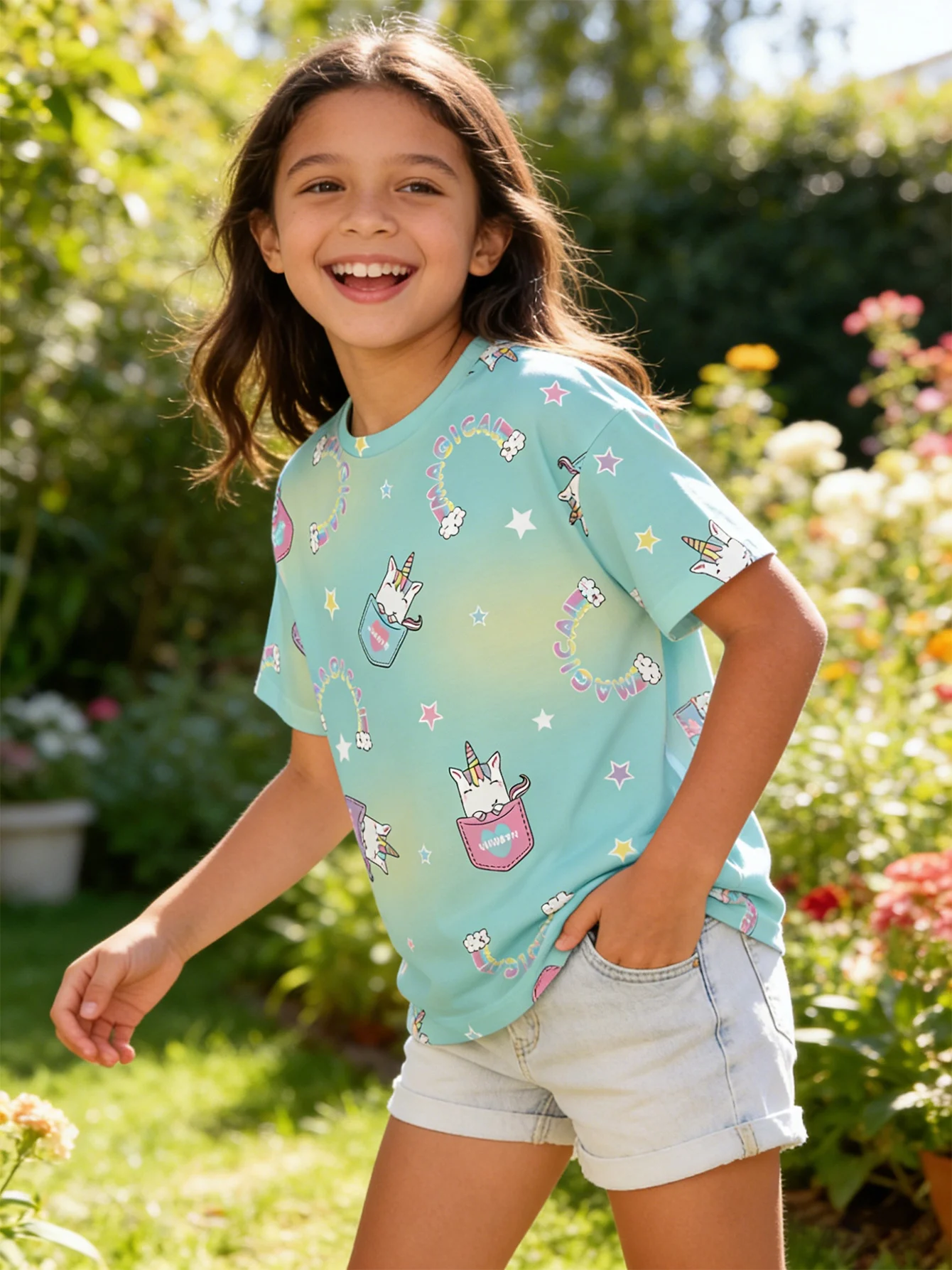2026 girls light blue gradual change unicorn pocket stars clouds full print short sleeve T-shirt