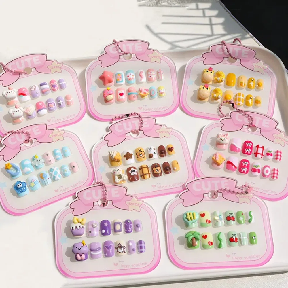 

3D Animal Kids Cartoon Fake Nails Flower Bowknot Manicure Material Children False Nails Press on Nails Short Square Shaped