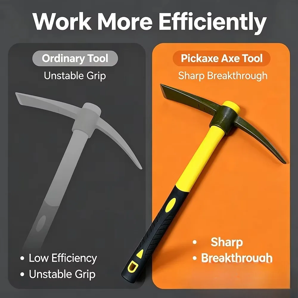 1-Piece 15-Inch Mattock Hoe Set with Yellow Fiberglass Handle - Durable Garden Tool for Soil Loosening and Cultivation