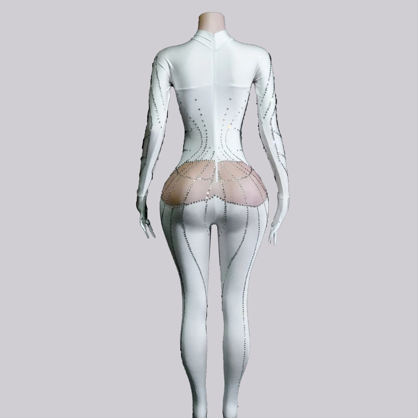 Sparkle White Rhinestones Long Sleeve Jumpsuits Drag Queens Costume Stage Clothes Gogo NightClub Pole Dance Performance Club DS