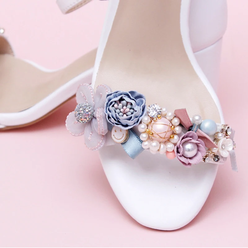 Sweet Open Toe Women Sandals Rhinestone Pearl Bowknot Flowers Square Chunky High Heels Daily Wear Large Size Women Summer Shoes