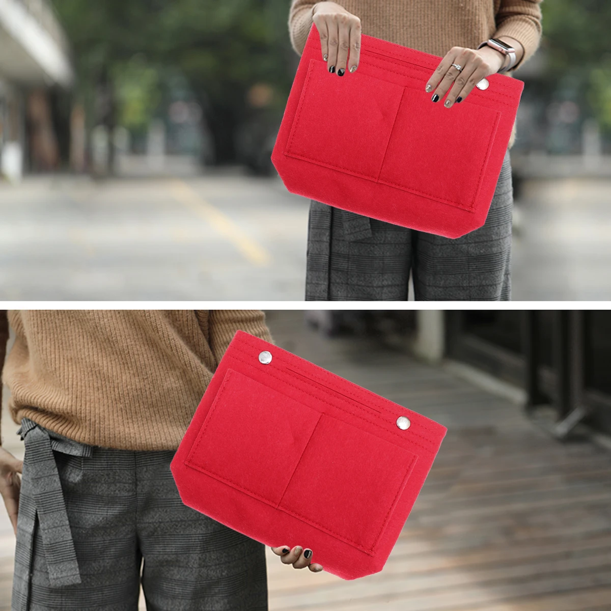 

Foldable Felt Storage Bag Red Multi-Functional Makeup Organizer Multipocket Handbag Felt Storage Organizer