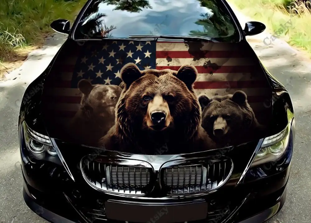 Bear With American Flag Car Hood Vinyl Stickers Wrap Vinyl Film Engine Cover Decals Sticker Universal Car Hood Protective Film