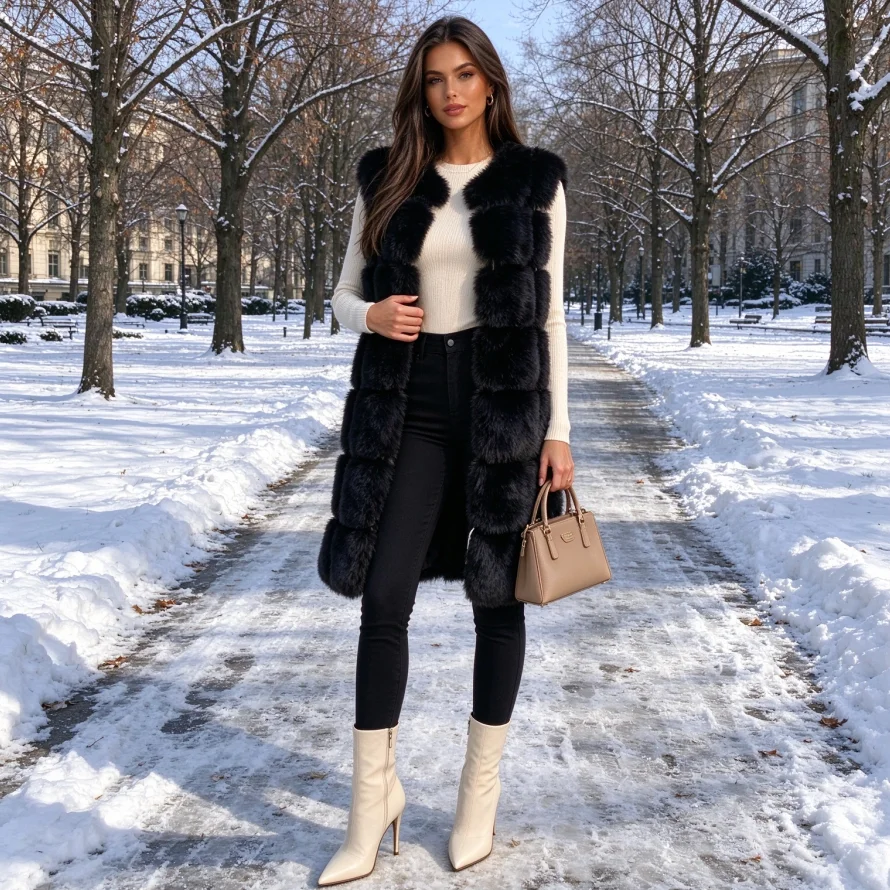 Vest Coat Women Sleeveless Faux Fox Fur Long Jacket Y2k Warm Color Blocked Open Stitch Straight Thick Work Autumn Winter outwear
