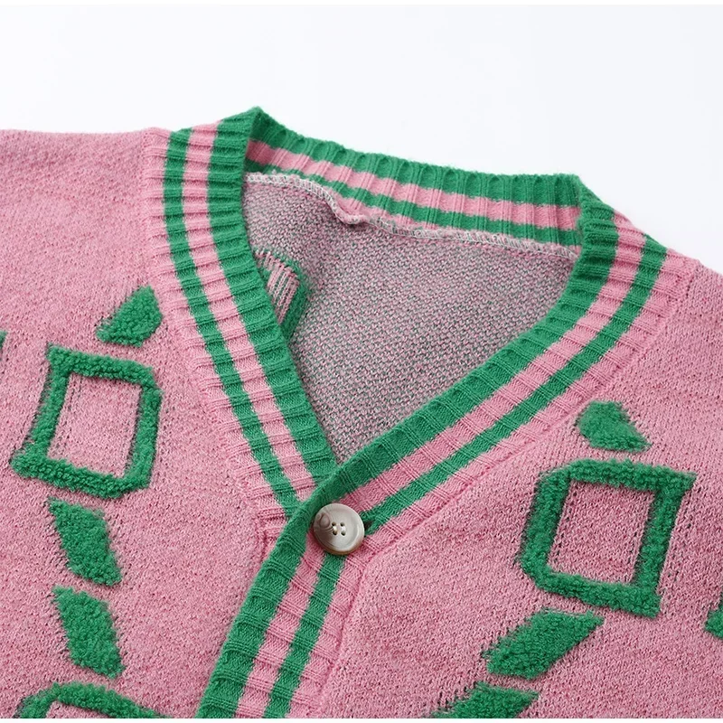 Women Cardigan Green Striped Pink Knit Button Lady V-neck Loose Casual Winter Fashion Knitted Coat Y2k Sweater Ropa Mujer Свитер