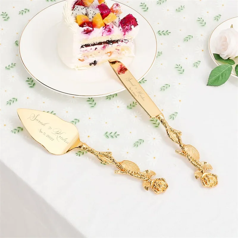 Custom Gold Cake Knife Server Set Personalized Cake Serving Set Engraved Pastry Pie Server Cake Pizza Cutter Birthday Gifts