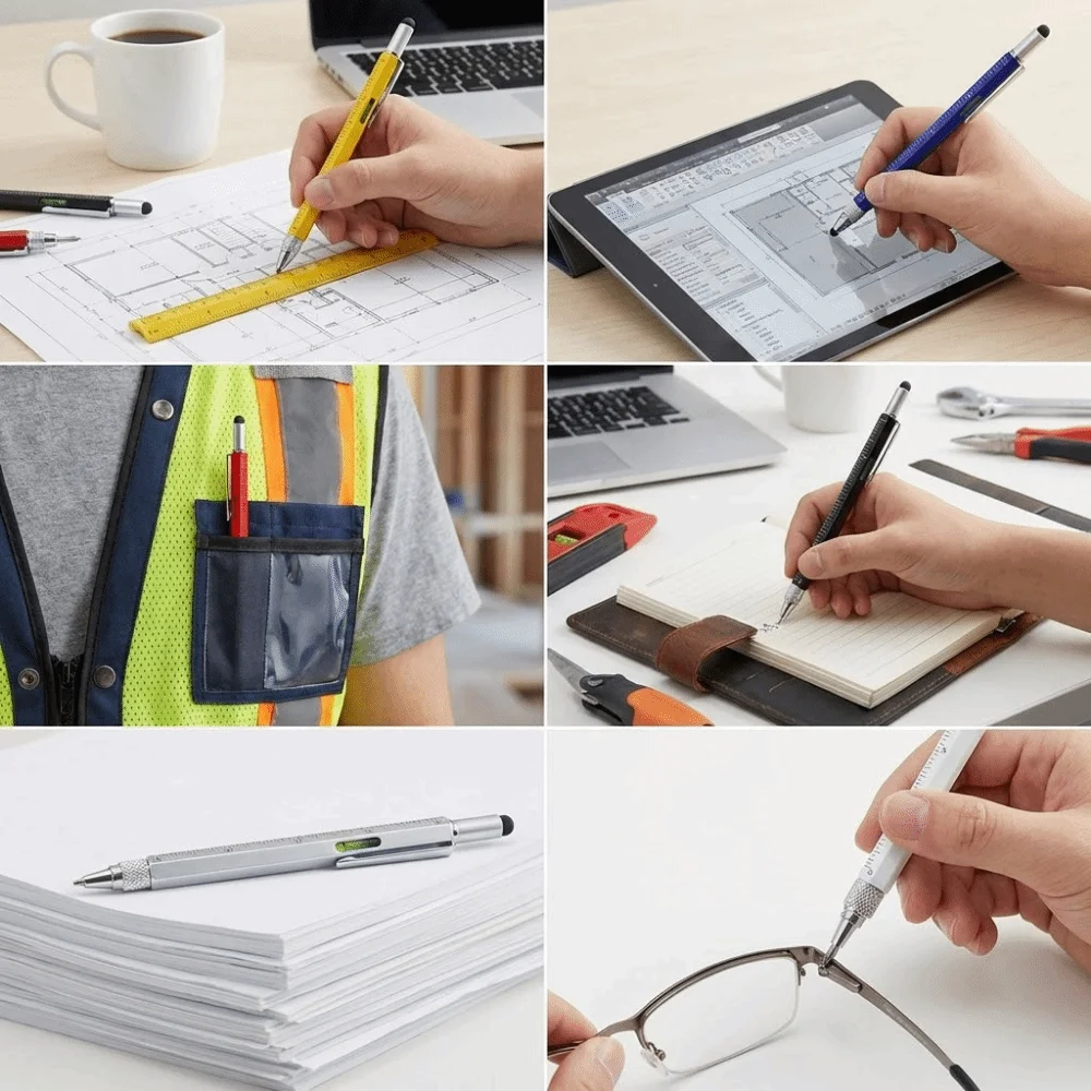 Refillable Ballpoint Multi-tool Pen Spirit Level Technical Ruler Touch Screen Stylus Touch Screen Six-in-One Multifunctional Pen