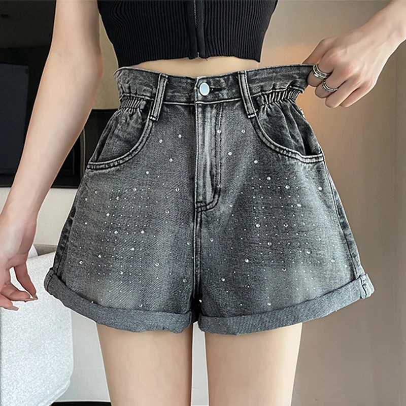 American Vintage Gray Wide Leg Denim Shorts for Women Fashion Rhinestone Roll Up Hem Shorts Streetwear High Waist Slim Hot Pants