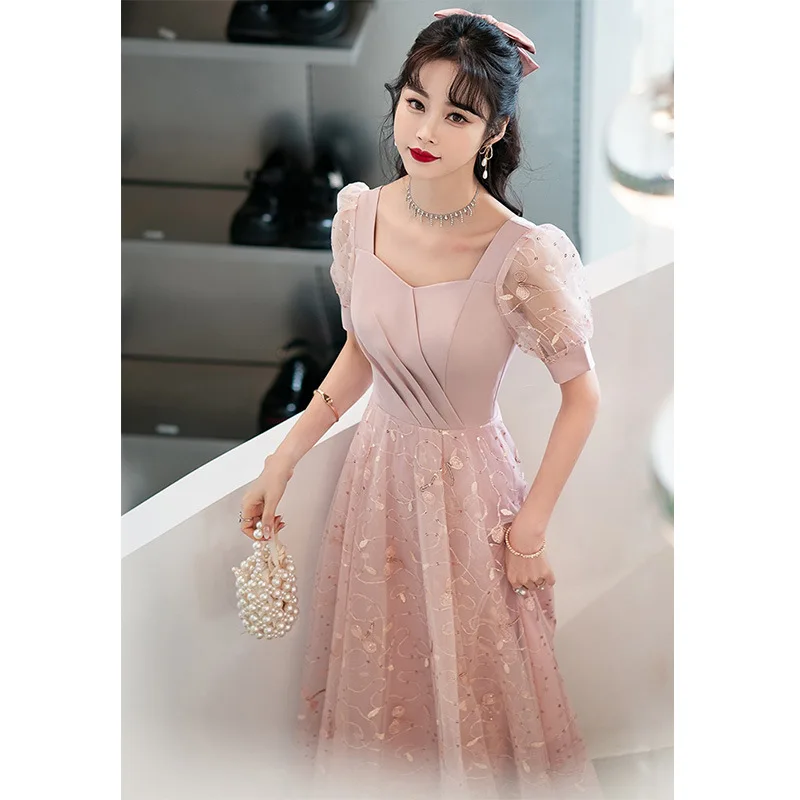 

Embroidery A-line Dresses Women Exquisite Qipao Square Collar Cheongsam Pink Celebrity Banquet Qiapo Grace Robe De Soiree