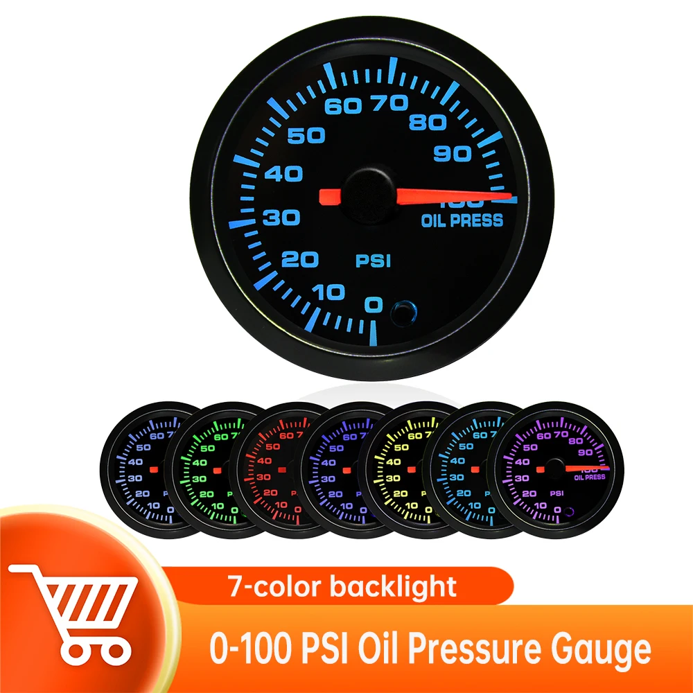 0-100 PSI Oil Pressure Gauge 52MM Car Pointer Gauge with Oil Pressure Sensor 7 Colors Backlight for Car 12v/24v