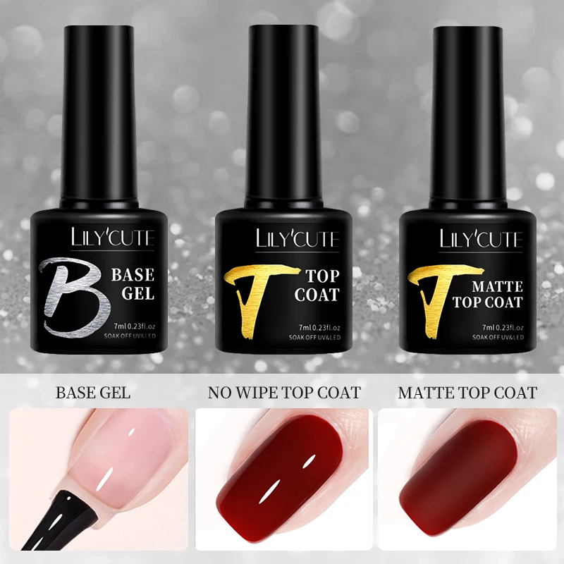 LILYCUTE 7ml Base Nowipe Top Coat Soak Off UV LED Gel Nail Polish Reinforcement Gel Semi Permanent Multifunction Gel Varnishes