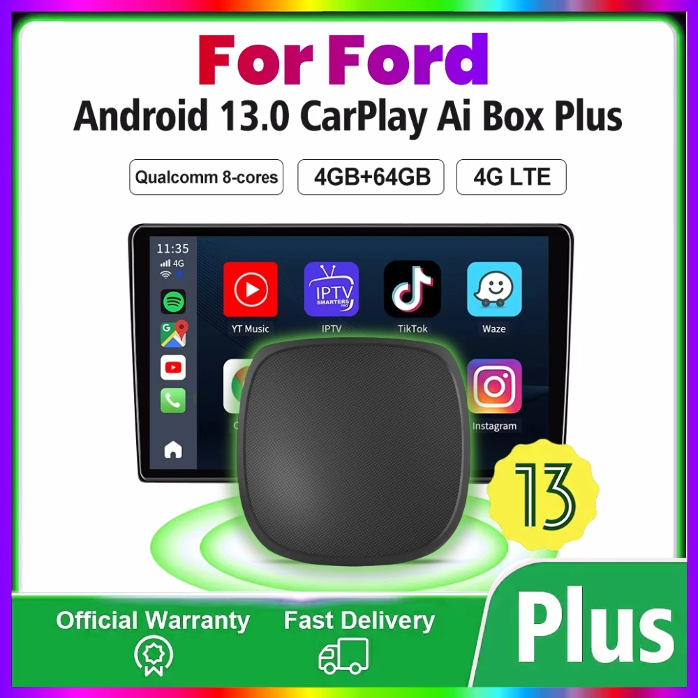 

Android 13 CarPlay Ai Box 4G+64G Wireless Android Auto 4G LTE For YouTube Netflix For Ford F150 Explorer BRONCO Maverick Mustang