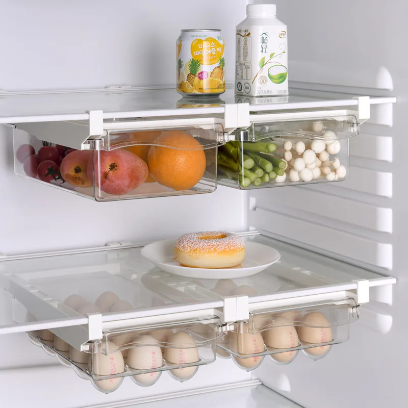 Kitchen Fruit Food Storage Box Plastic Clear Fridge Organizer Slide Under Shelf Drawer Box Rack Holder Refrigerator Drawer New