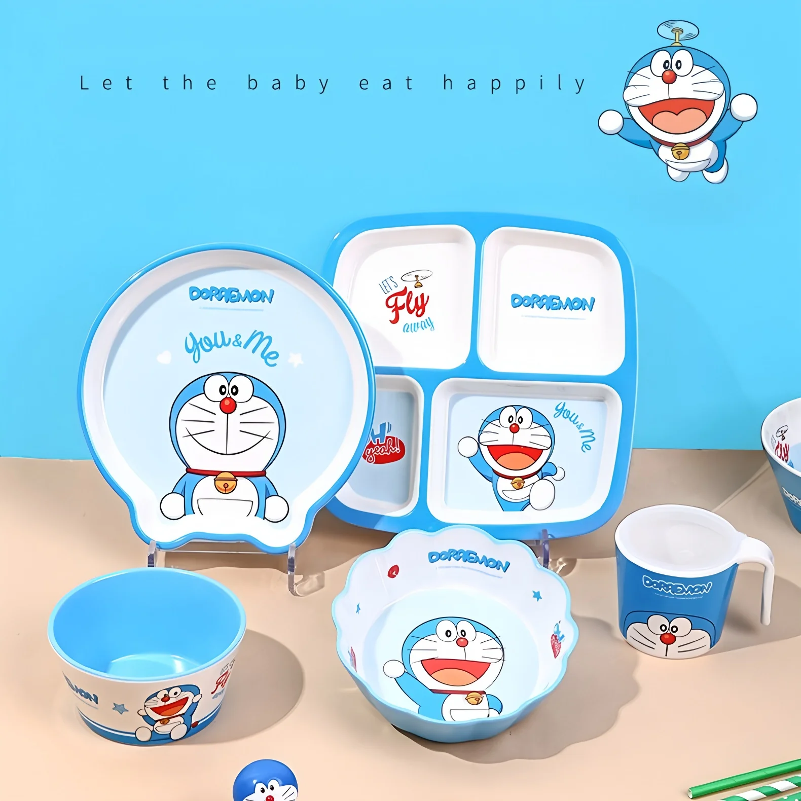 Doraemon Kids Tableware Set, 3-Piece Melamine Plates Bowls & Cup, BPA-Free, Unbreakable Feeding Set for Toddlers, Baby Gift