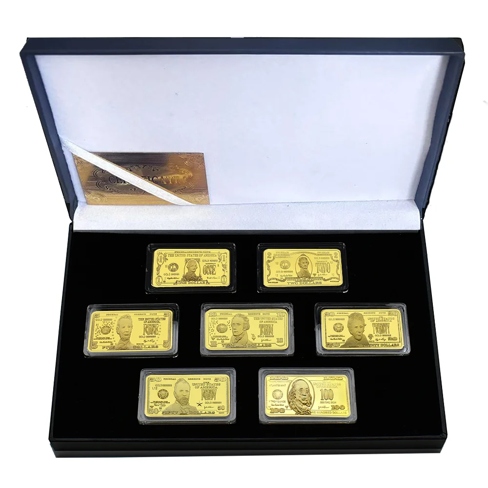 7pcs/box US1 2 5 10 20 50 100 Dollars Gold Bar Commemorative Medal Bullions Collection Gift