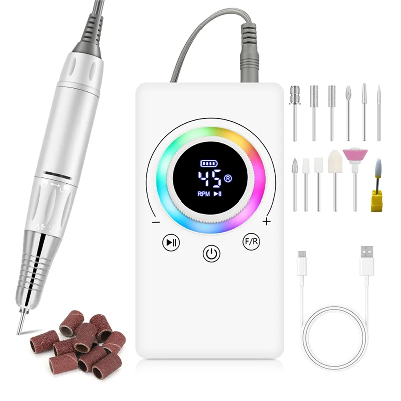 N02R-Nail Drill Machine 45000RPM Rechargeable Electric Nail HD LCD Display For Manicure For Nails Gel Polish Low Noise