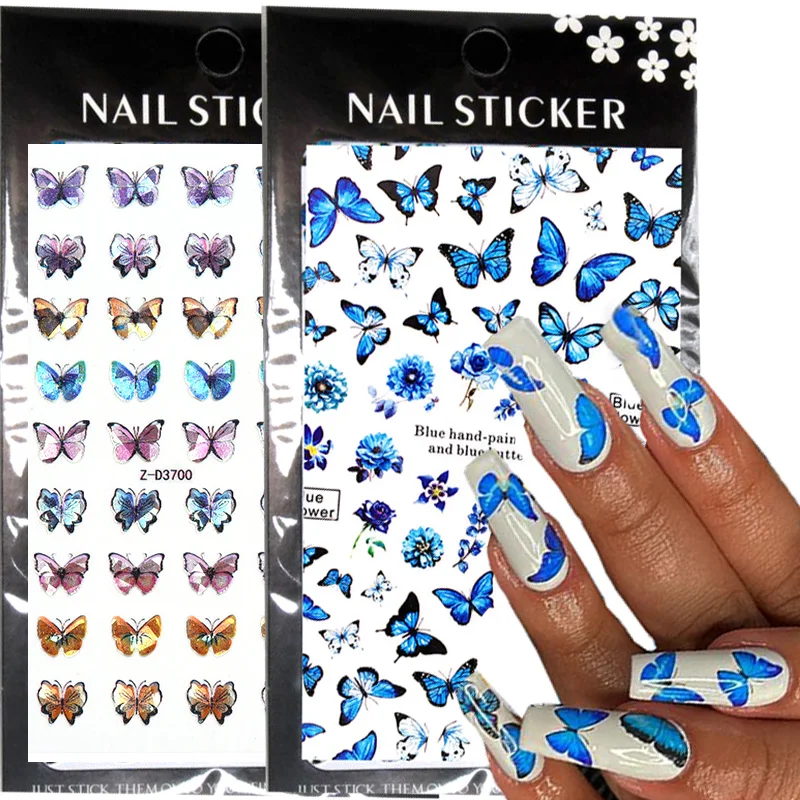 1 Sheet Blue/Pink/Butterfly 3D Nail  Decals Colorful Self Adhesive  Flower Design Leaves Transfer Sliders Wraps Manicure Summer