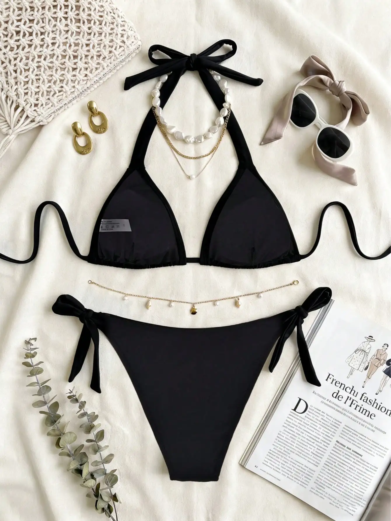 

Женский комплект бикини из 2 предметов, черный, с декором в морском стиле, кружевом и подвесками в виде ракушек, для пляжного отдыха