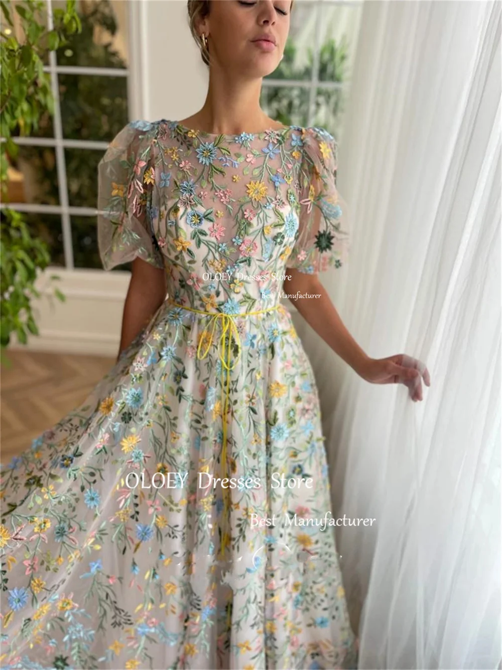 OLOEY Exquisite Embroidery Lace Floral Evening Dress O Neck Photoshoot Short Sleeves Wedding Party Gown Sashes Custom Made