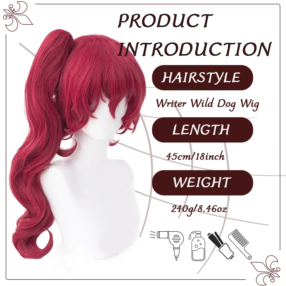 DIFEI synthetic Anime writer wild dog wig female cosplay red long curly hair naturally messy