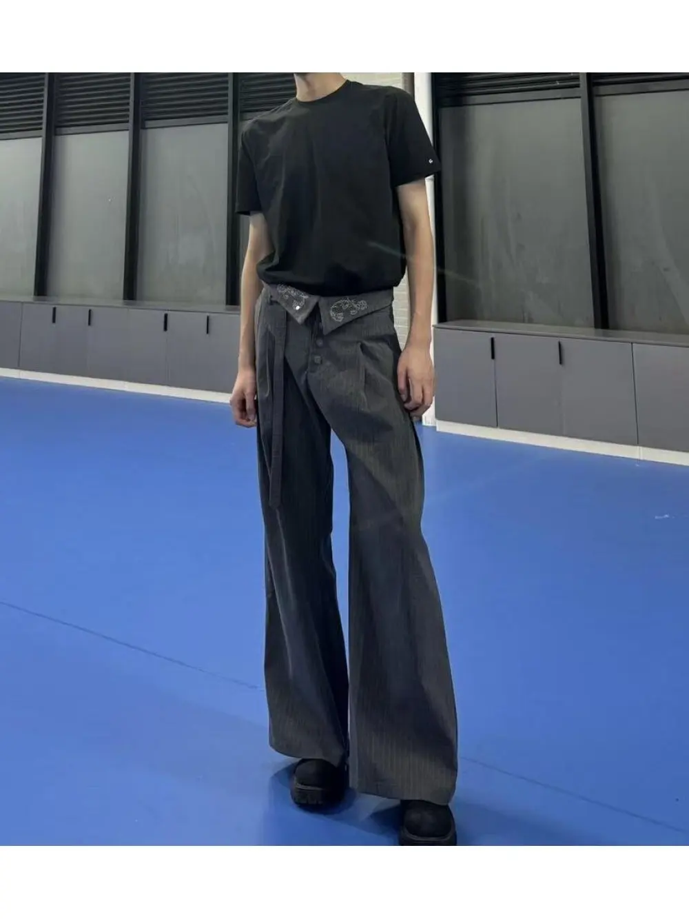 2026 New Retro Striped Wide Leg Pants Foldable Waist Metal Buckle Loose Street Trendy Casual Versatile Unisex Daily Versatile