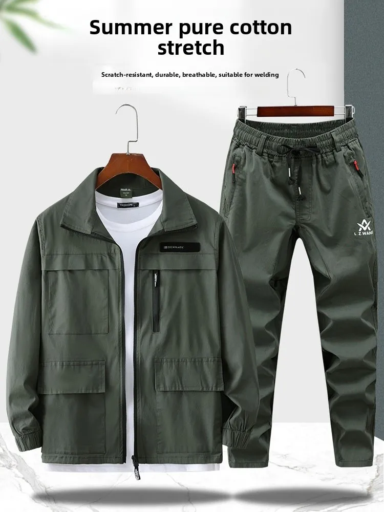 men's-summer-work-orm-set-thin-pure-cotton-elastic-camouflage-breathable-wear-resistant-auttive-repair-welding-workwea