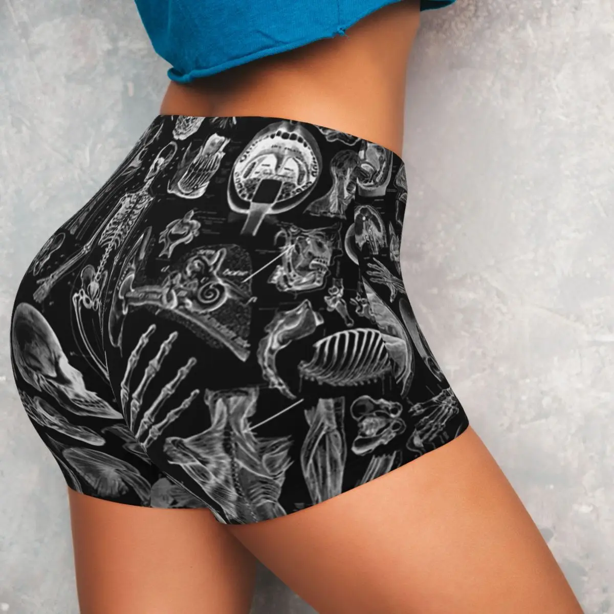 Pantaloncini da yoga personalizzati con stampa nera di anatomia umana Pantaloncini da motociclista da pallavolo atletici per allenamento in palestra da donna