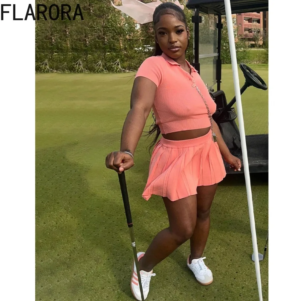 FLARORA Fashion Knit Tennis Wear Women's Two Pieces Sets Women Turndown Collar Short Sleeve Crop Top And Pleated Skirts Outfits