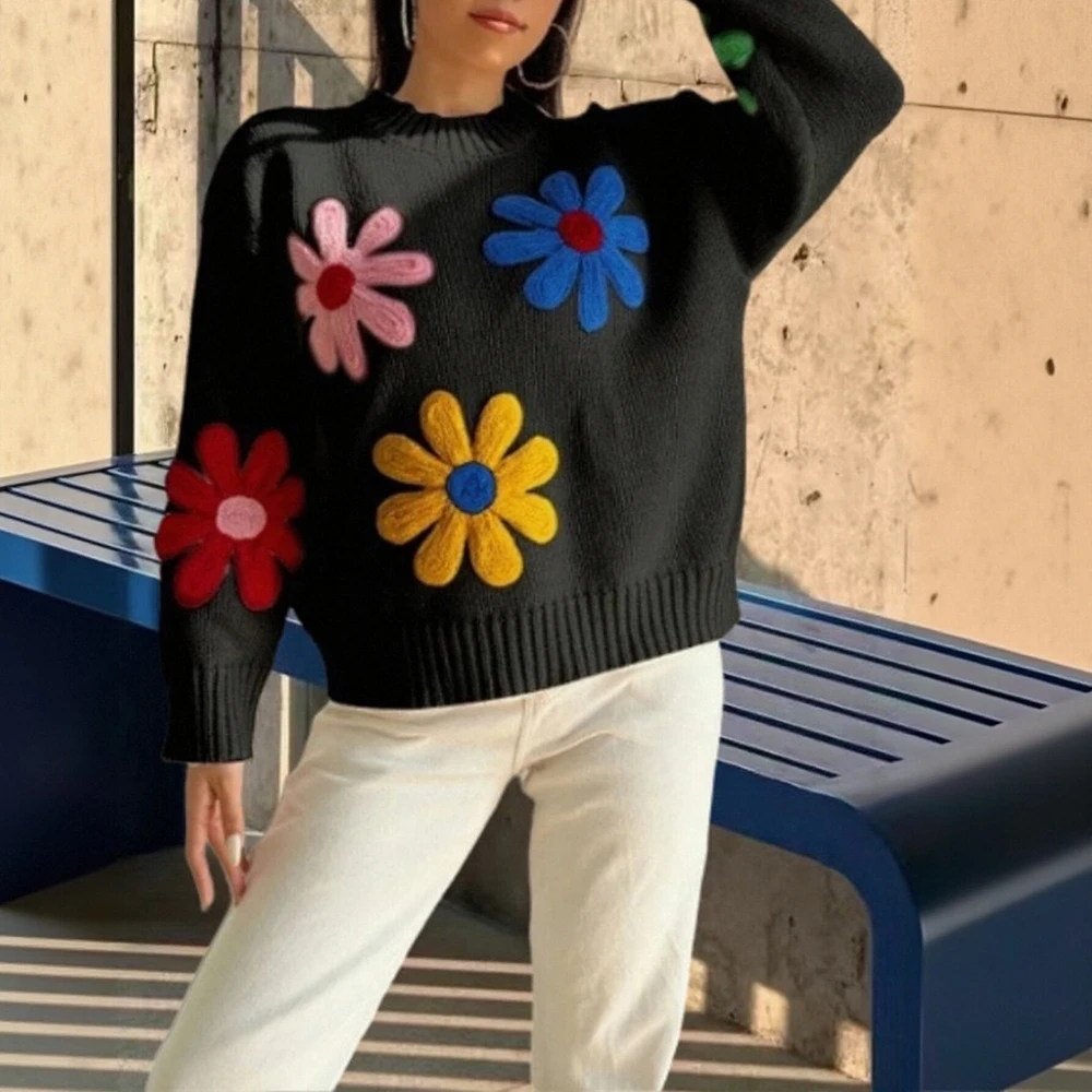 

Женский свитер с длинным рукавом и круглым вырезом в корейском стиле, повседневный дизайн с цветочной резьбой, осенняя мода для женщин