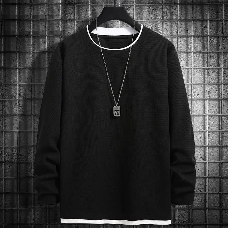 Camiseta Masculina Waffle de Manga Longa com Efeito Duas Peças, Moletom Casual de Cor Sólida para Primavera e Outono