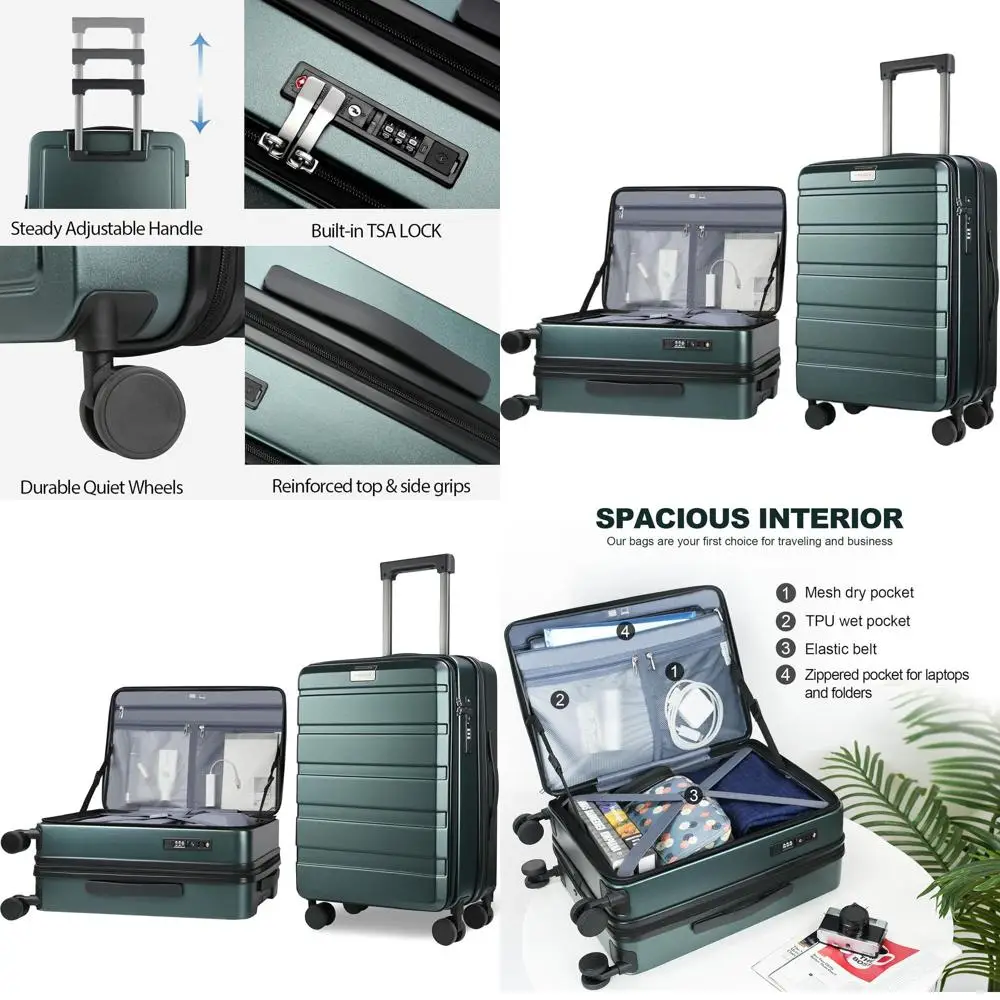 Expandable 20 Hardshell Spinner Suitcase with USB Port, TSA Lock, and Top Opening, Dark Green