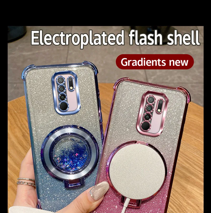 

For Xiaomi Redmi 9C NFC 9 Activ 9 Prime Poco C31 M2 Plating Glitter Corner Bumper Magnetic Bracket Back Cover For Redmi 9C Case