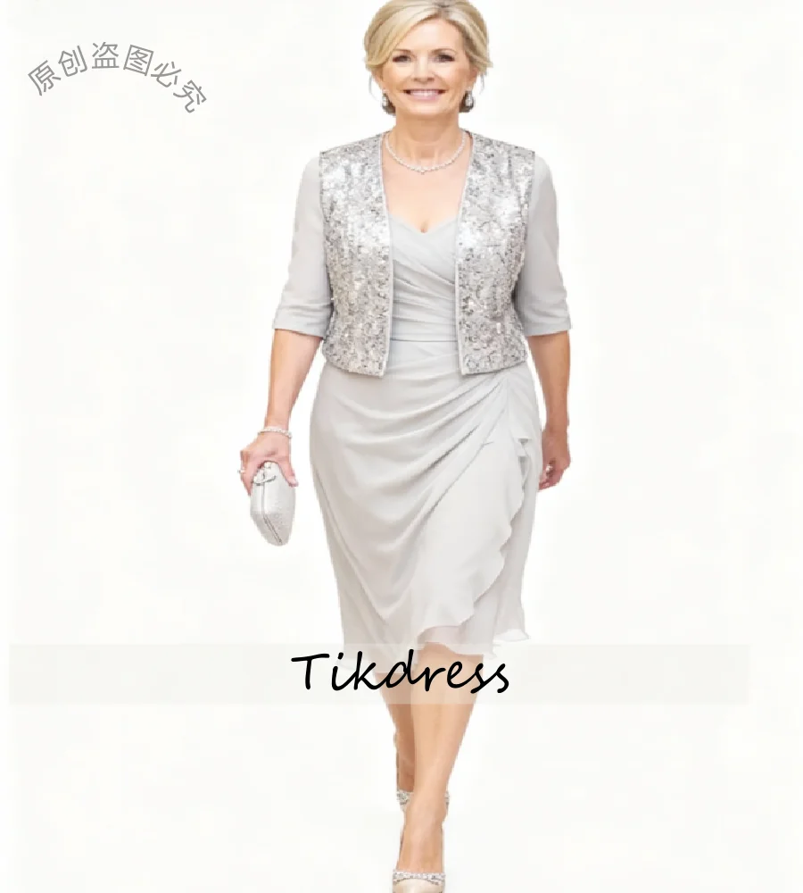 Two Piece Silver Mother Of The Bride Dress With Sequin Jacket Elegant Knee Length Groom Mom Wedding Guest Dress Short Cocktail