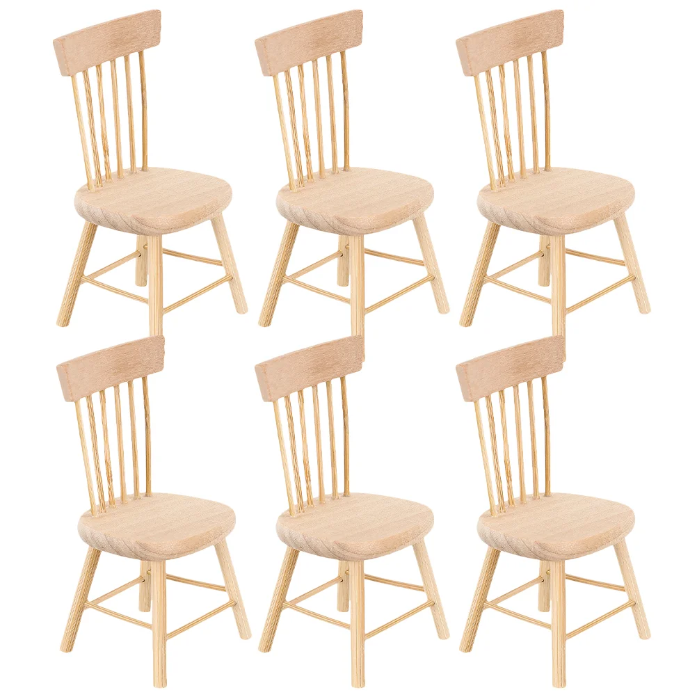 6 Pcs Furniture Dollhouse Chair Mini Wooden Small Chairs Model Ornament Miniature Kit Bookcase