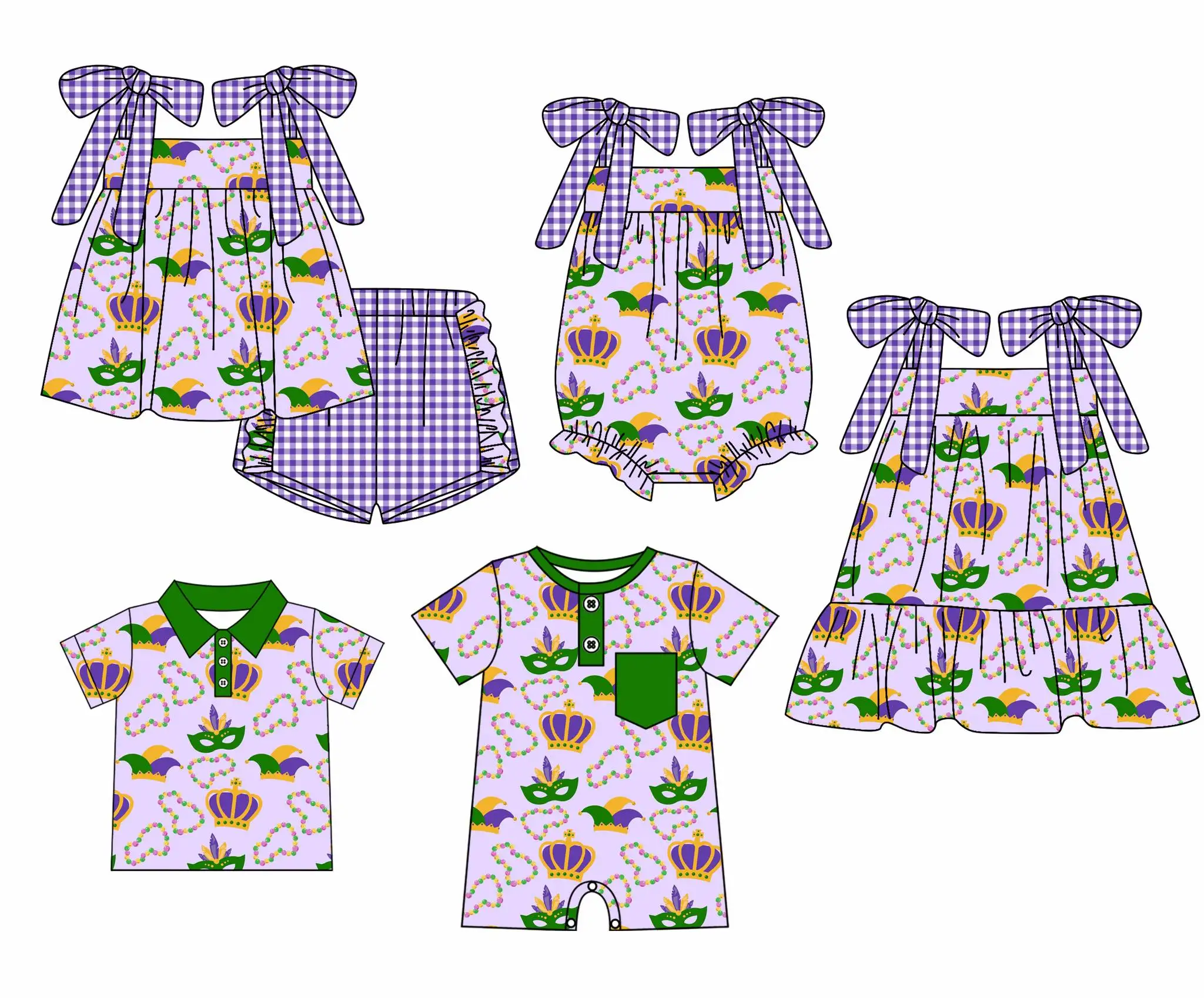 Mardi Gras Mask Purple Print Boys Clothing Girls Clothing Baby onesie Short sleeve suit Siblings five-piece set