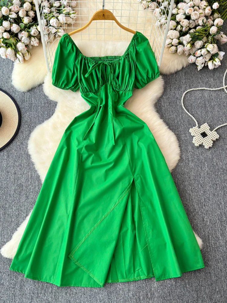 Foamlina Summer Women Elegant Midi Dress Solid Lace-up Square Neck Short Sleeve High Waist Slim Split A Line Party Dress Vestido image 2