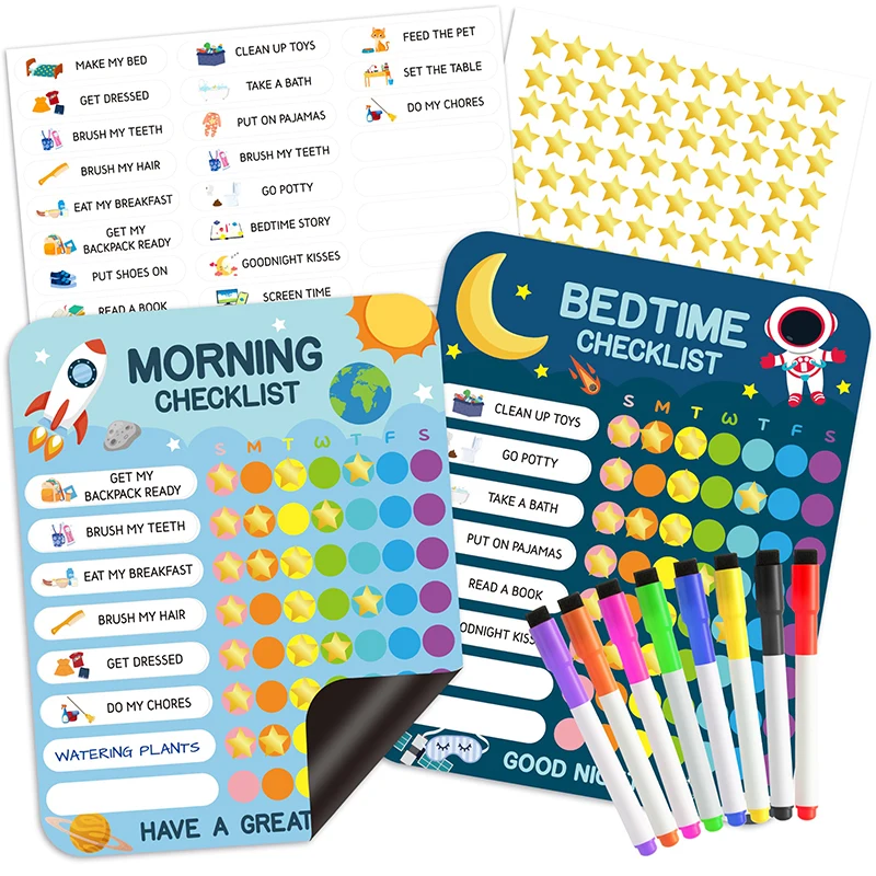 154pcs Outer Theme Morning Bedtime Routine Chart Decor Sign Daily Routine Checklist Schedule Board Magnetic Dry Erase Daily Chor