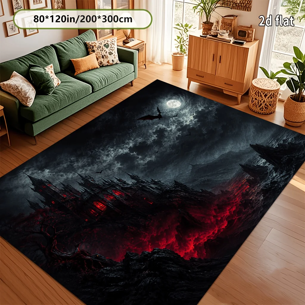 1pc Vampire Castle Under Dark Moon Velvet Decorative Rug, Machine Washable, Non-Slip Backing, Soft Lightweight & Durable