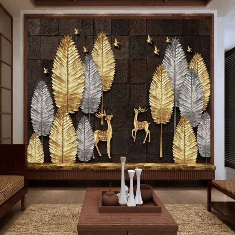 Lukisan minyak gaya Cina baru yang megah dan kreatif dengan motif rusa dan burung emas dan perak untuk dekorasi dinding latar belakang rumah mewah