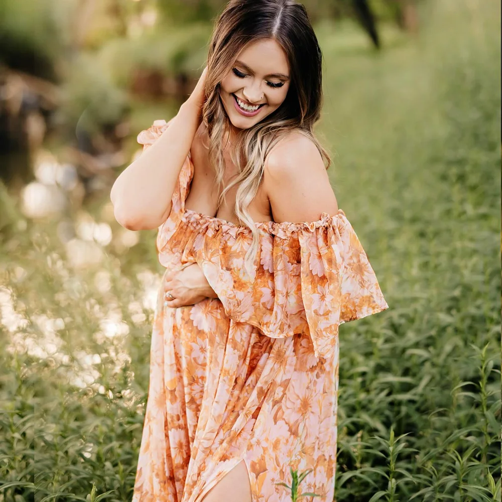 Bohemian Photo Shooting Pregnancy Dress Printed Chiffon Off Shoulder Two-Piece Dress Maternity Dresses For Baby Showers