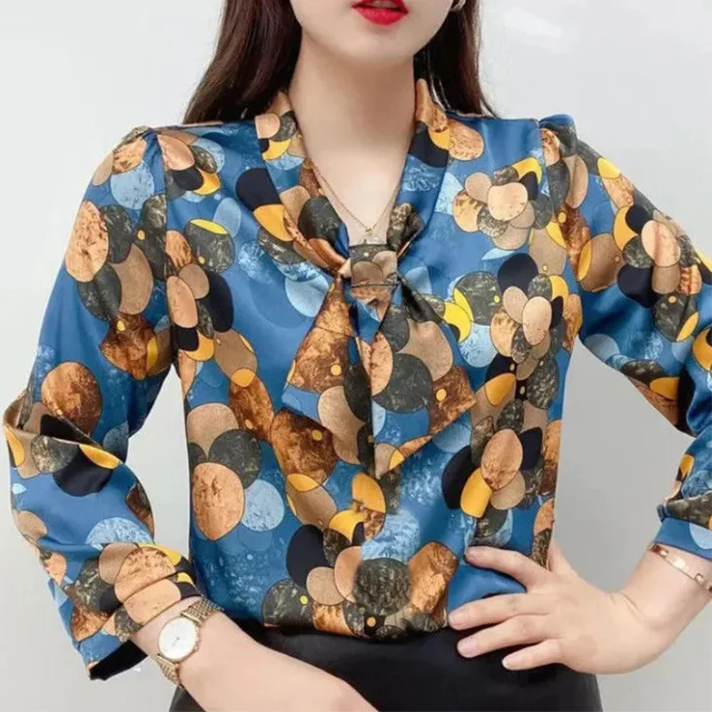 Camisa de gasa con lazo estampado para mujer, Jersey holgado de manga larga con cuello de bufanda, ropa elegante para primavera y otoño, 2023