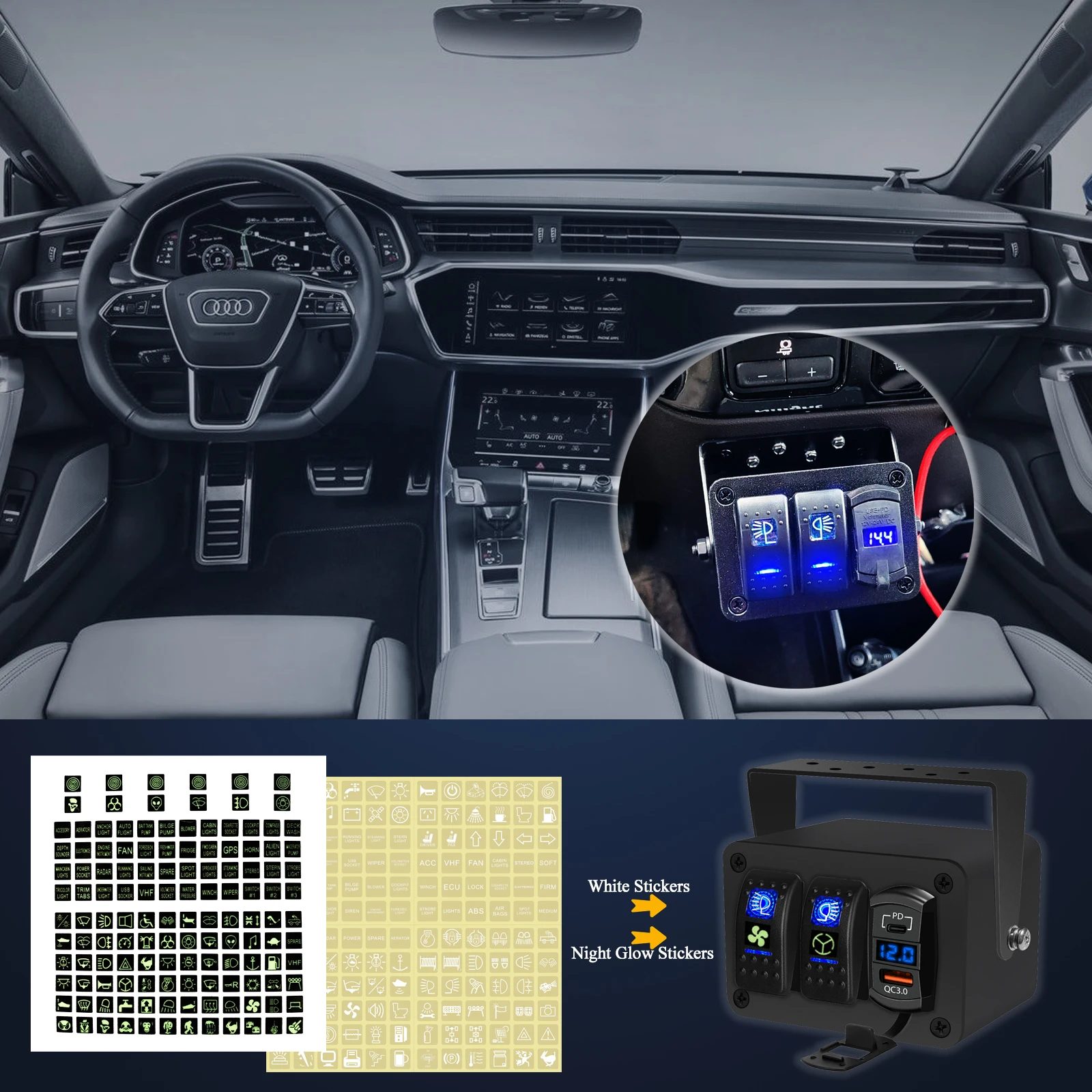 Caja de interruptor basculante de 3 bandas, 12V, 5 pines, interruptor de encendido y apagado, PD tipo C y QC 3,0, cargador USB, voltímetro azul, caja de aluminio, Panel de interruptor basculante