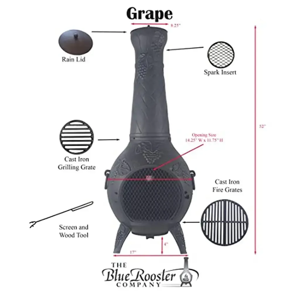 Aluminum Grape Chiminea Efficient Drafting Emergency Heat Source Large Fire Box Cast Iron Grate Easy Assembly 20