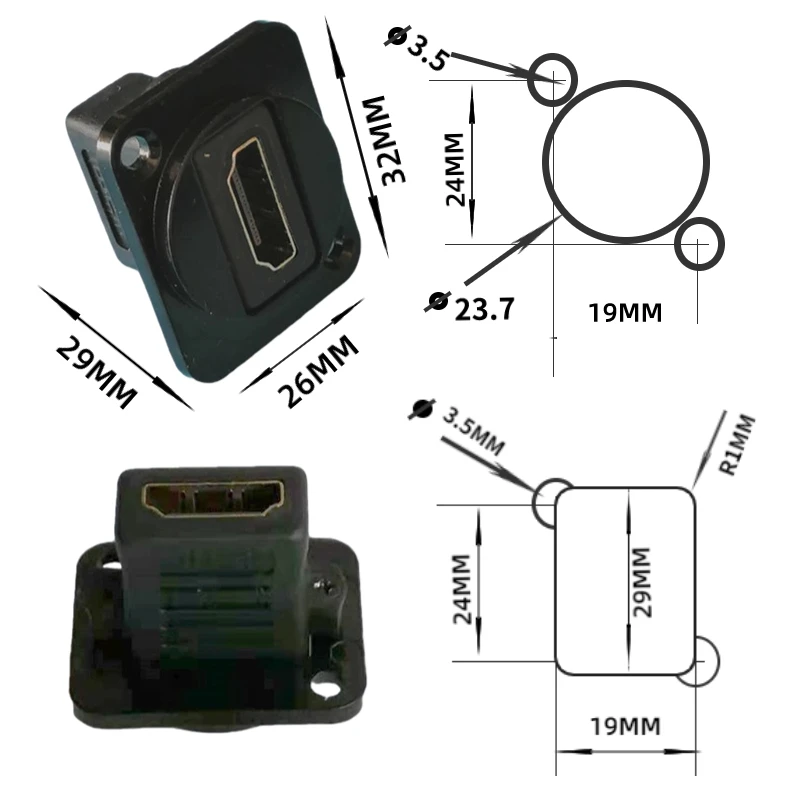 Conector do adaptador de acoplamento direto com parafuso, painel fixo, preto, prata, tipo D, HDMI, 180 graus